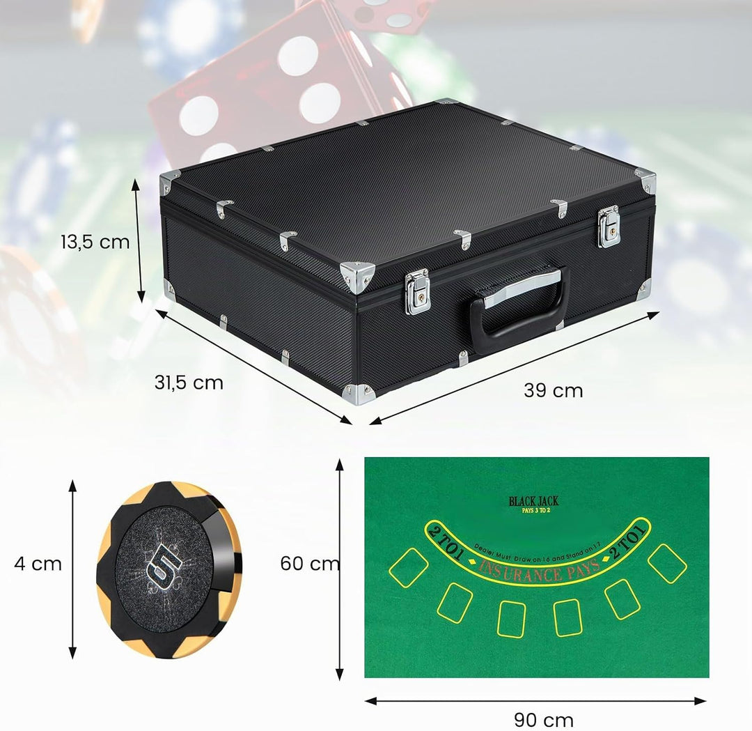 COSTWAY Pokerset 300 Chips, Pokerkoffer mit 2 Kartendeck, 5 Würfel, Dealer Button, Matte, Kartenmisc
