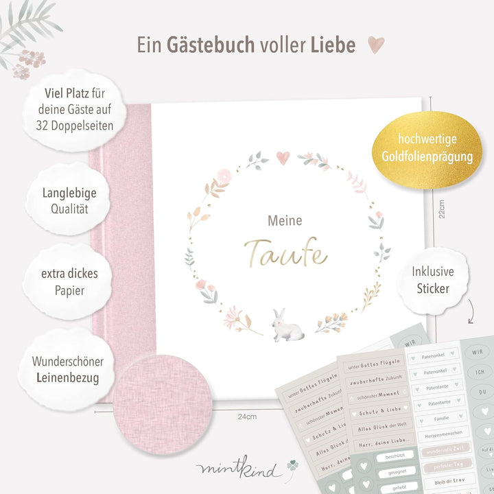 mintkind® Gästebuch Taufe Rosa - Taufbuch für Junge & Mädchen, Taufgeschenk & Taufalbum, 72 Seiten f