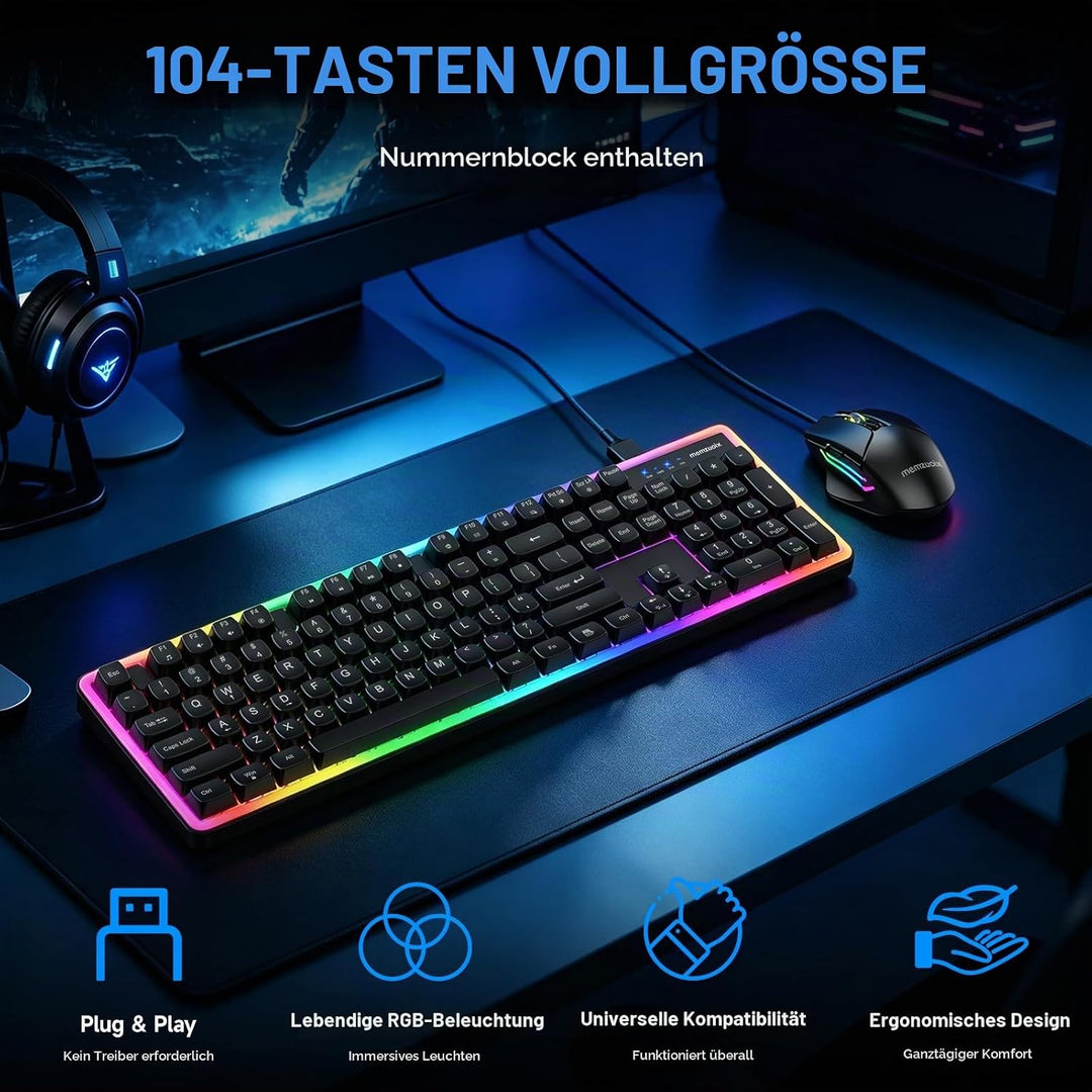 QWERTZ Kabelgebundenes Tastatur Maus Set, USB Full-Size Tastatur mit RGB LED Beleuchtung, leise Memb