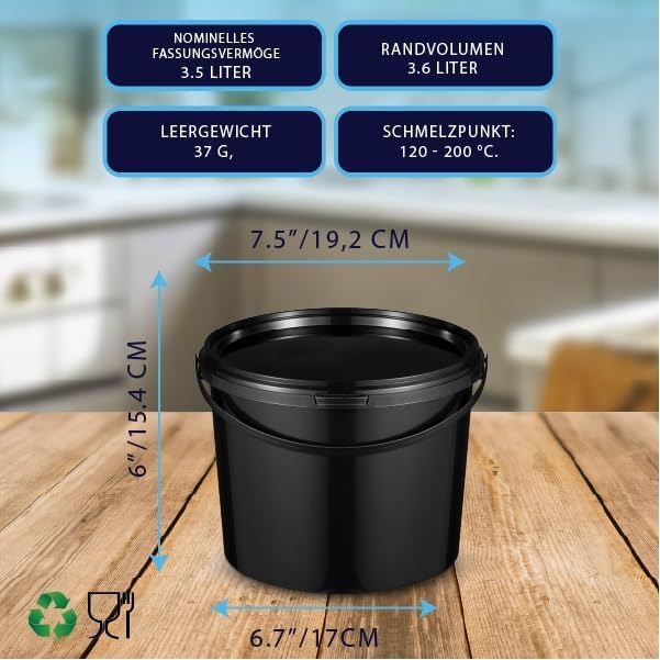 BenBow Eimer mit Deckel 3l schwarz 10x 3 Liter - lebensmittelecht, stabil, luftdicht, auslaufsicher,