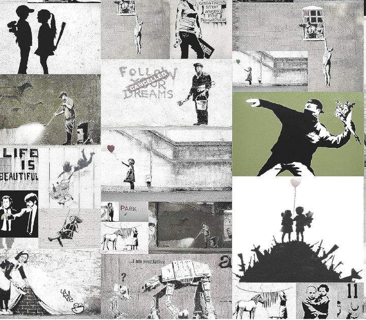 Runa Art Bild Modern Collage Banksy - Made in Germany - Wandbilder Street Art Grau 4 Teilig 302742b