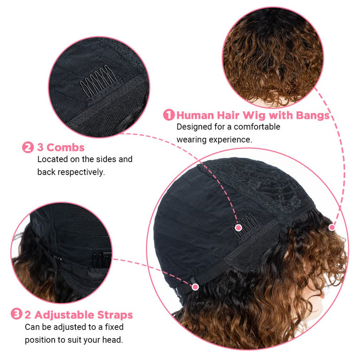 FASHION IDOL Bob Curly Echthaar-Perücken mit Pony Short Curl Bob Perücken Echthaar brasilianische Vi