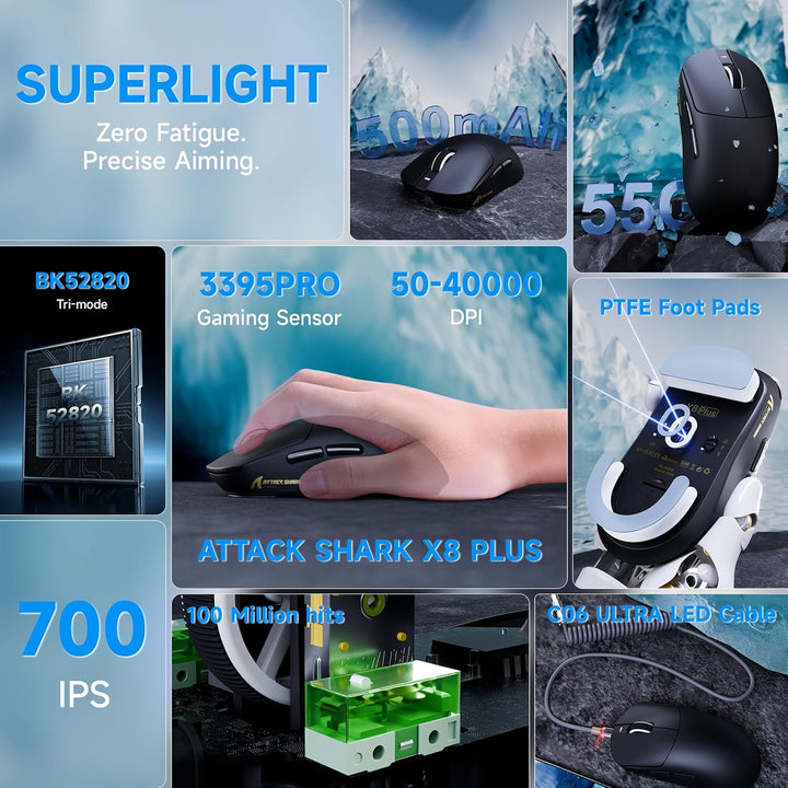 ATTACK SHARK X8 Serie Kabellose Gaming-Maus, 55–65 g Superleicht, PixArt PAW3395/3950 Sensor, BT/2.4