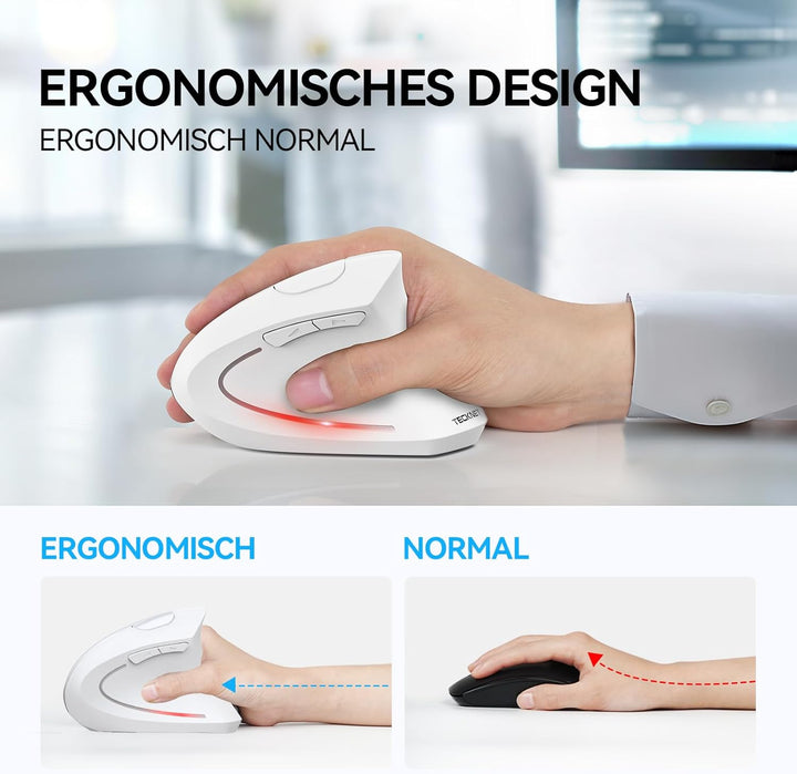 TECKNET Ergonomische Kabellose Bluetooth Maus - Vertikale Wireless Mouse mit 3 Gerät (BT+BT+USB), Op