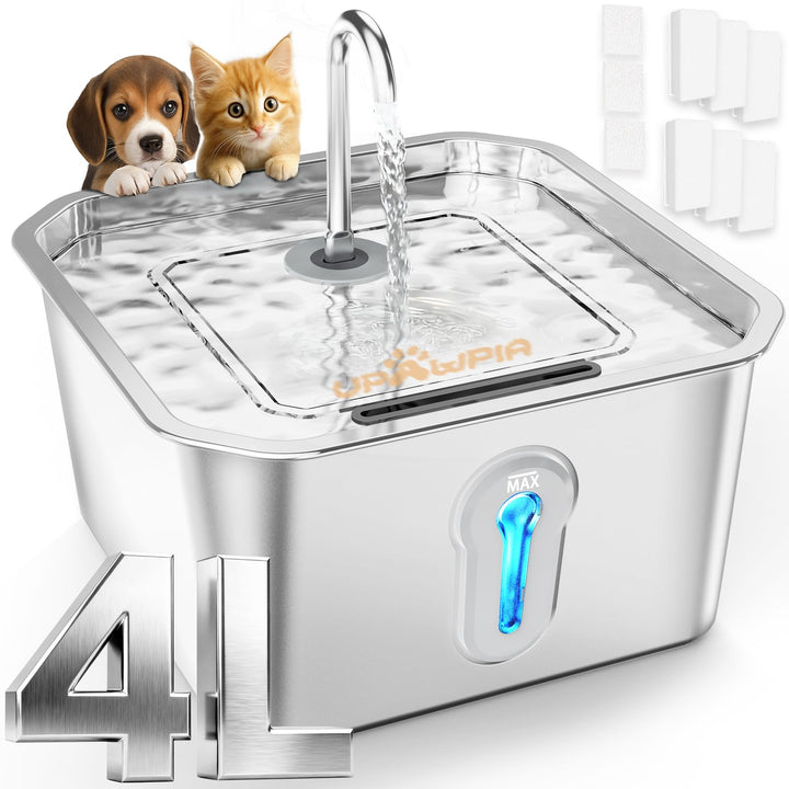 UPAWPIA 4L Katzenbrunnen Edelstahl mit 6 Filtern Trinkbrunnen für Katze Katzenbrunnen für Katzen mit