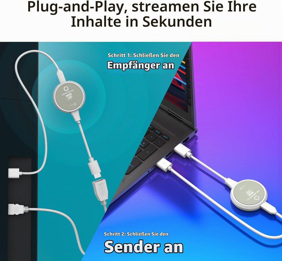 j5create ScreenCast 4K Wireless HDMI Transmitter und Receiver, Wireless HDMI Extender, unterstützt 4