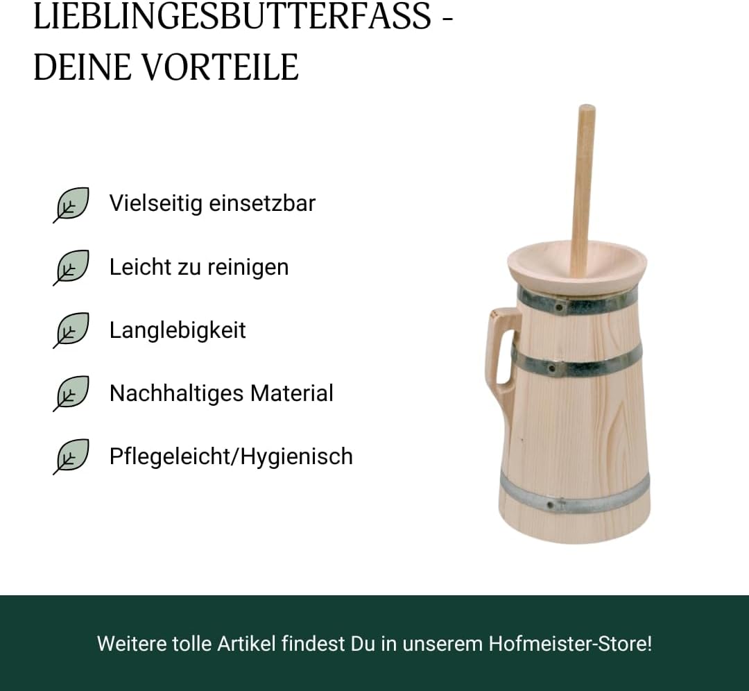HOFMEISTER® Butterfass aus Holz, für 2 Liter Sahne, Butter selber Machen, authentische Böttcherware
