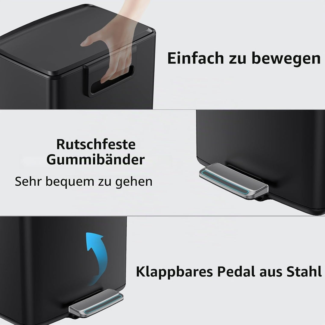 mVm Mülleimer Küche 40L, Mülleimer mit Deckel, Abfalleimer Küche, Schwarz | Edelstahl Treteimer mit