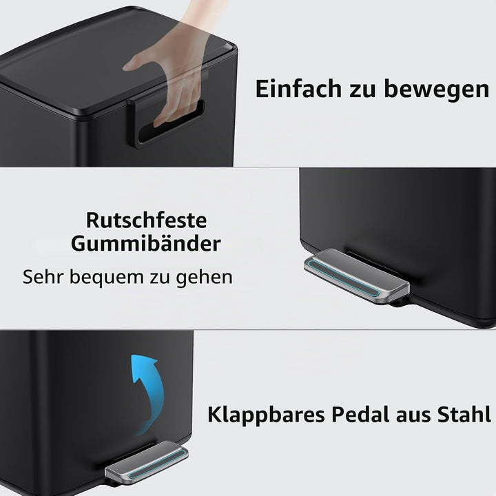 mVm Mülleimer Küche 40L, Mülleimer mit Deckel, Abfalleimer Küche, Schwarz | Edelstahl Treteimer mit
