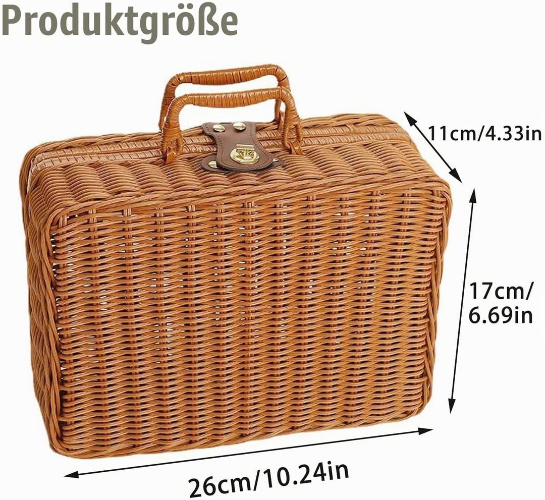Geflochtener Rattan-Koffer Aufbewahrungskorb mit Griff, Gewebte Picknickbox, Handgewebt, mit Metalls