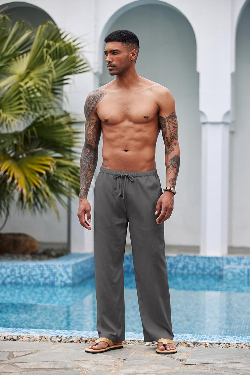 COOFANDY Herren Hose Lange Leinenhose Leicht Sommerhose Strandhose Elastische Taille Yoga Hosen Männ