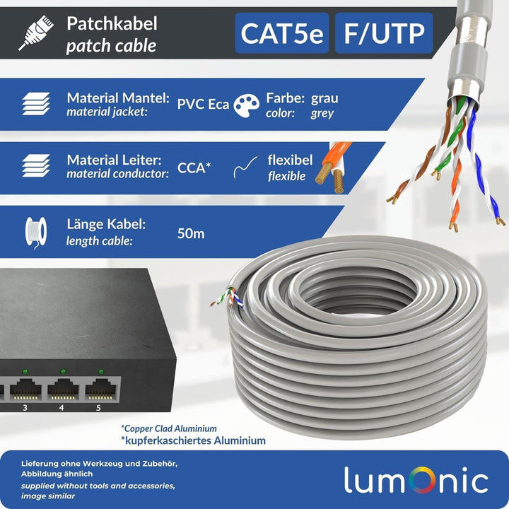 Lumonic LAN Netzwerkkabel 50m | LAN Kabel CAT5e F/UTP | Patchkabel Flexibel 4X 2X AWG26/7 (verseilt)