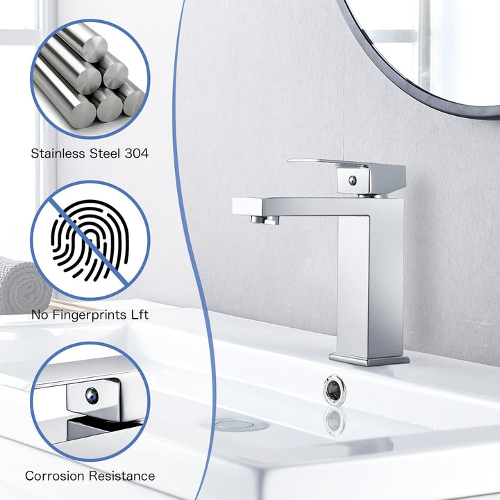 Wasserhahn Bad Waschtischarmatur Chrom mit Pop-Up Ablaufgarnitur, Eckig Wasserhähne Bad mit Auslauf