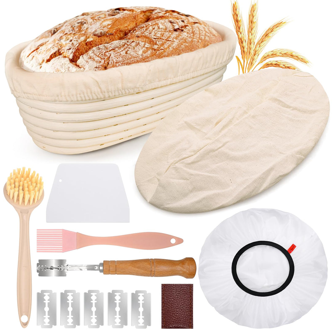 Gärkörbchen Oval 28 cm für 700g Teig, Gärkorb Rattan Set Sauerteig mit Leinentuch & Gärfolie Backen,