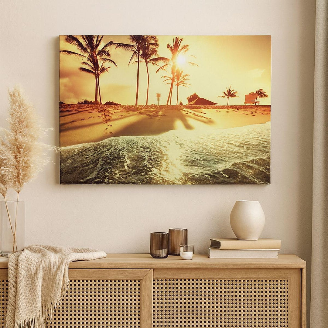 Bilder auf Leinwand 100x70cm Leinwandbild mit Rahmen Strand Meer Palme Gross Wanddeko Bild Schlafzim