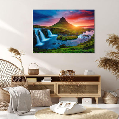 Bilder auf Leinwand 100x70cm Leinwandbild Sonnenuntergang Wasserfall Island Vulkan Gross Wanddeko Bi