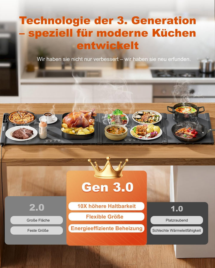 Erweiterbare Speisewärmerplatte 137x40 cm – Warmhalteplatte mit 7 Temperaturstufen, umschaltbar ℃/℉,