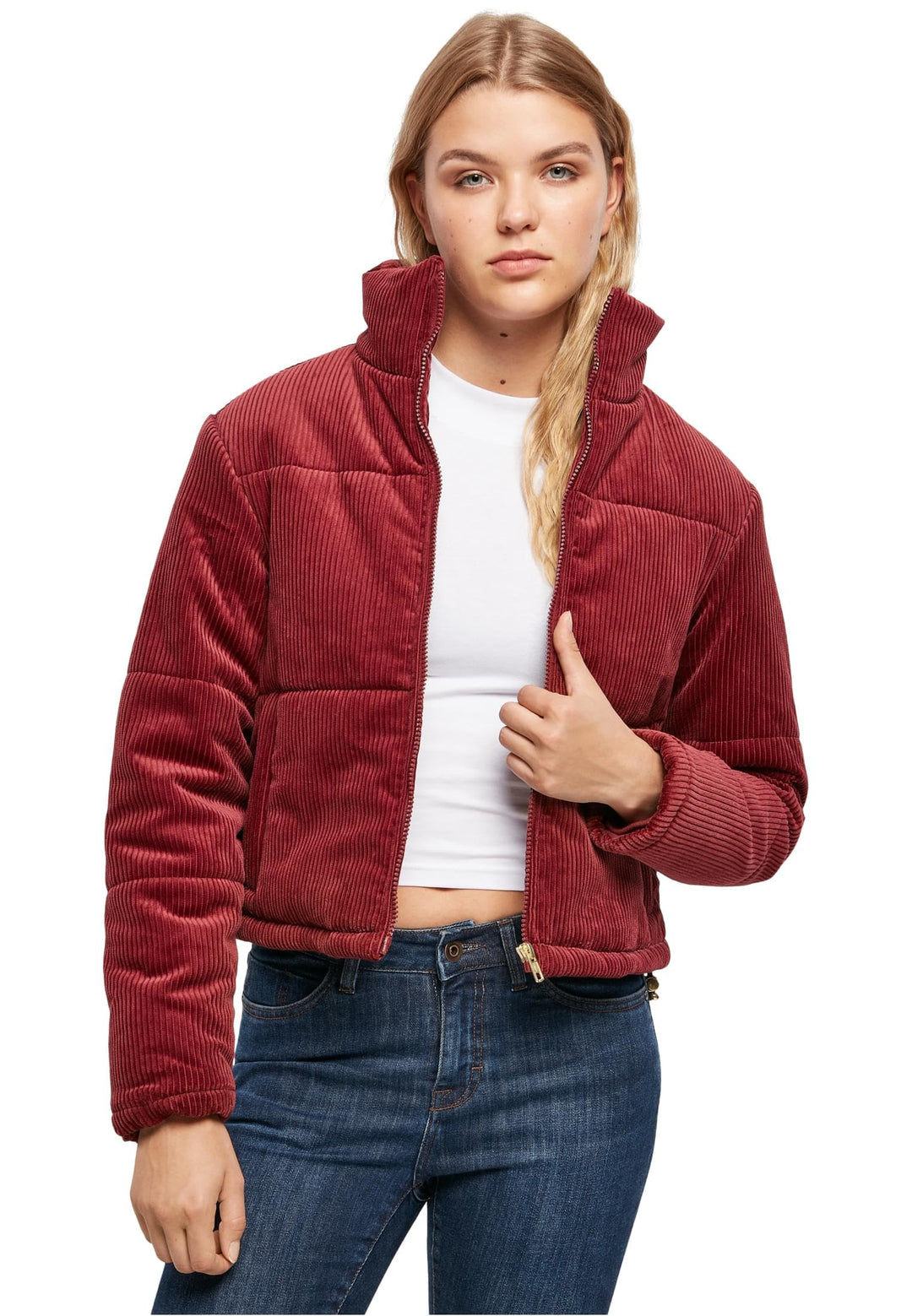Urban Classics Damen Winterjacke Kordjacke Corduroy Puffer Jacket mit Stehkragen, kurz geschnitten,