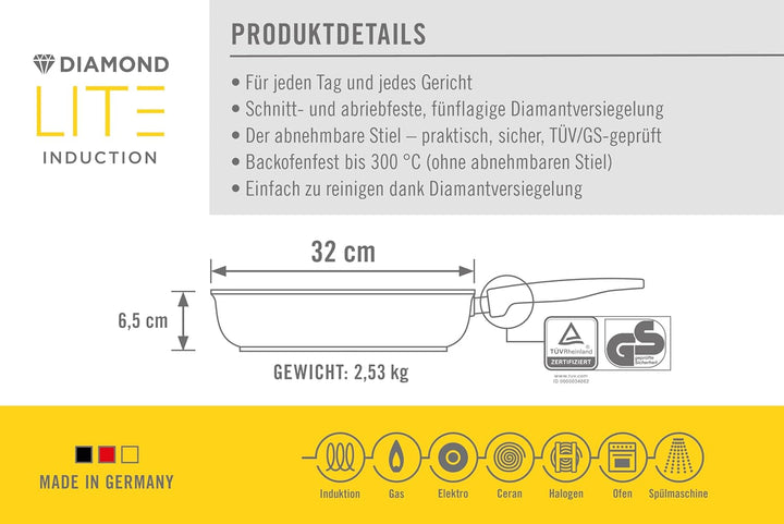 Woll Diamond Lite Hochrandpfanne - Induktiv -, Ø 32 cm, 7 cm hoch, mit abnehmbarem Stiel - Geeignet