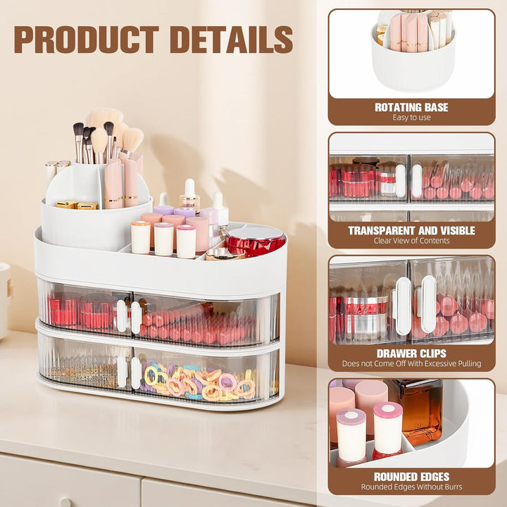 FoiiLiio Make Up Kosmetik Organizer mit Drehbarer Schubladen, Beauty Makeup Organizer Schminktisch,