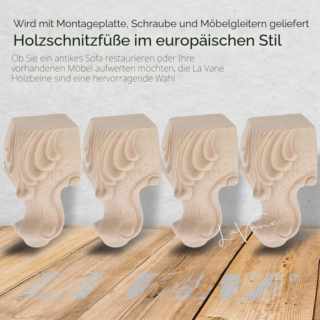 La Vane 4 Stück Massivholz Möbelfüsse 10cm (4 Zoll) - Europäischer Stil Handgeschnitzte Tischbeine,