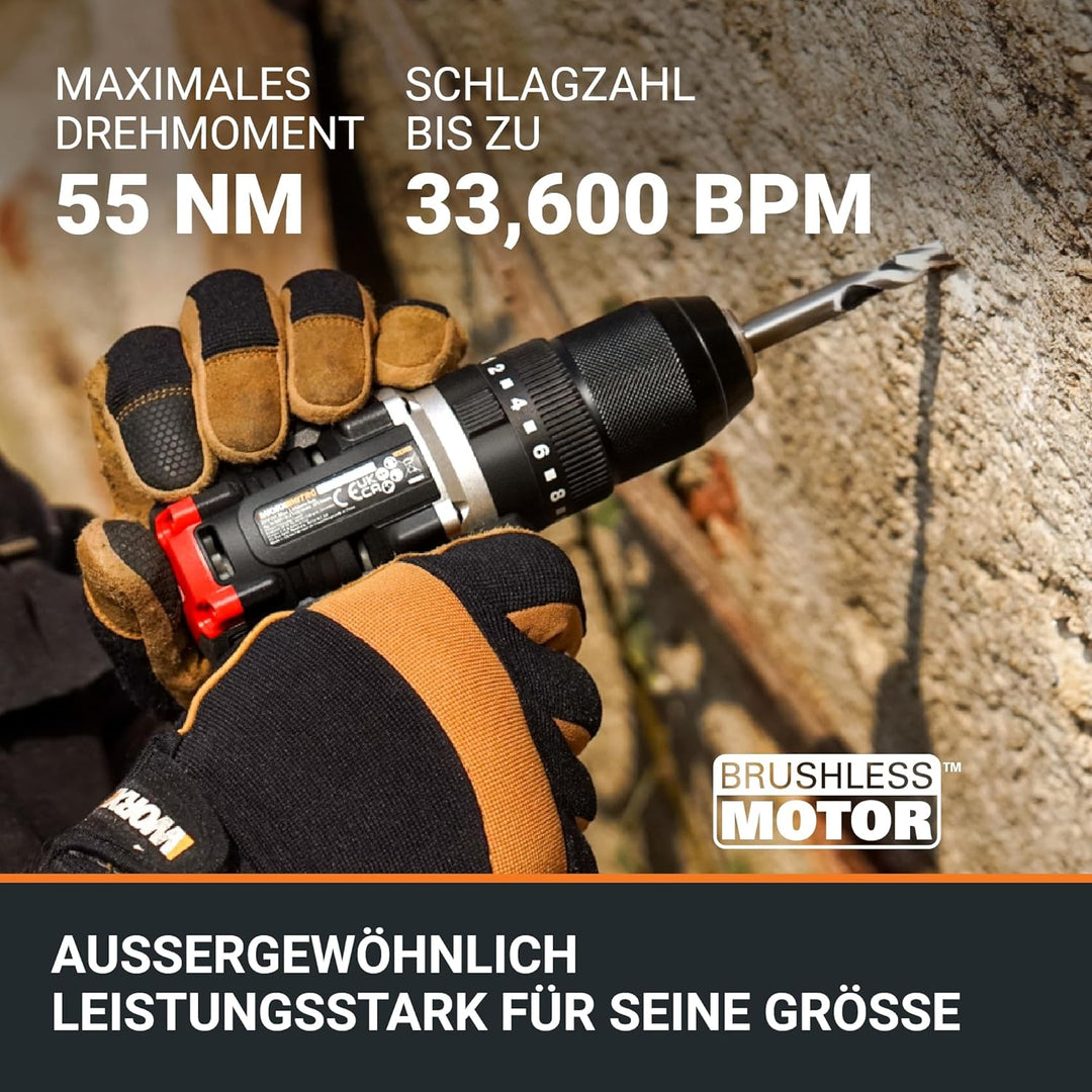 WORX Nitro WX355.9 Profi Akku Schlagbohrschrauber – bürstenloser Motor – 55Nm, Schlagzahl 33600/min,