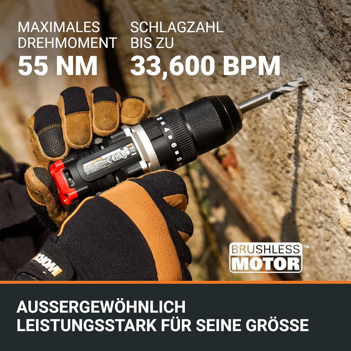 WORX Nitro WX355.9 Profi Akku Schlagbohrschrauber – bürstenloser Motor – 55Nm, Schlagzahl 33600/min,
