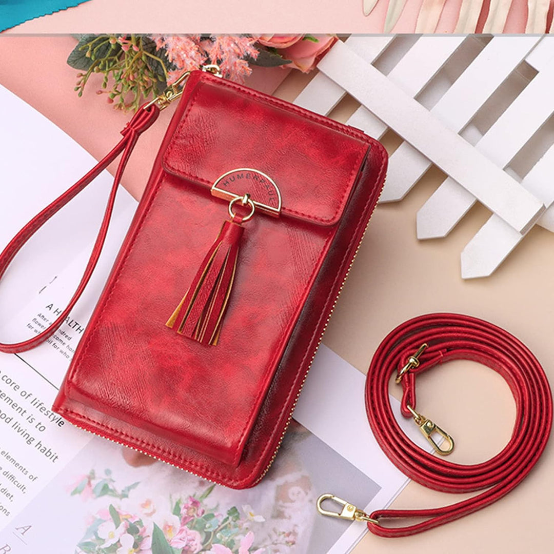 PORRASSO Geldbörse Damen Umhängetasche Portemonnaie Leder Geldbeutel Wristlet Bag mit Viele Fächer M