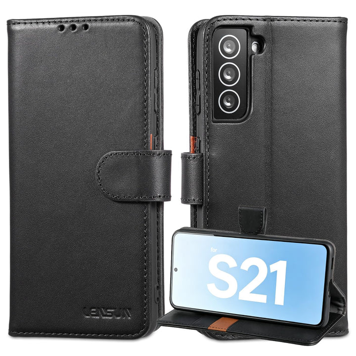 LENSUN Echtleder Hülle für Samsung Galaxy S21, Handyhülle [Echtes Leder] [Magnetverschluss] [RFID Sc