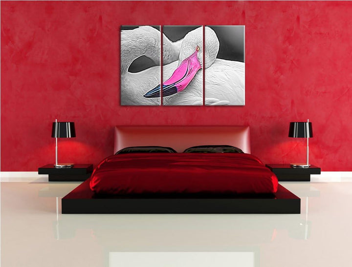 anmutiger Flamingo schwarz/weiss Deluxe 3-Teiler Leinwandbild 120x80 Bild auf Leinwand, XXL riesige