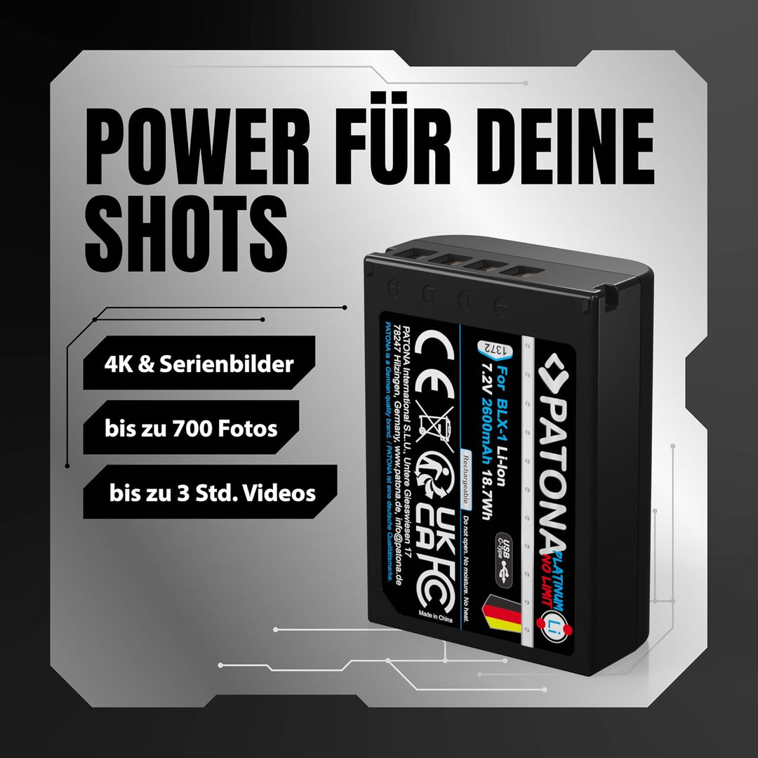 PATONA Platinum BLX-1 Akku 2600mAh / 18,7Wh / 7.2V USB-C Input kompatibel mit Olympus OM-1 OM-3 OM1