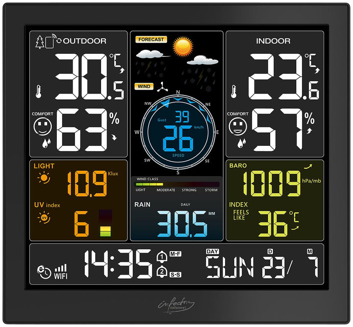 infactory Wetterstation Smart: WLAN-Funk-Wetterstation mit XL-Farbdisplay, App, Weather Underground