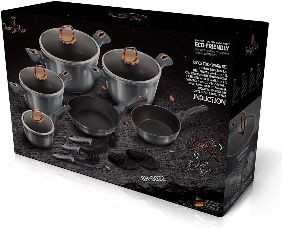 Berlinger Haus Moonlight Edition 15 Stück Kochgeschirr Set, Moonlight Edition BH/6022 gray Edelstahl