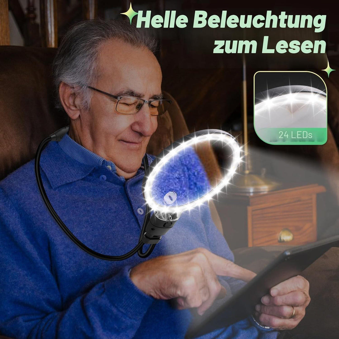 NZQXJXZ 10X Freihändig Lupe mit Licht, Einstellbare Leselupe für Senioren in der Nähe Arbeit, Flexib