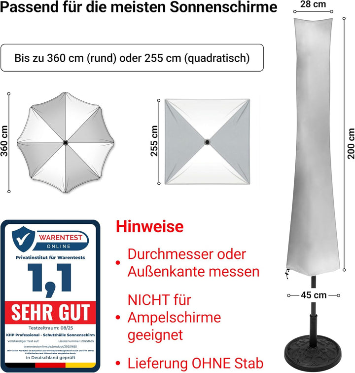 KHP Professional Premium Schutzhülle für Sonnenschirm aus extra stabilem Stoff in 5 Längen | Extrem