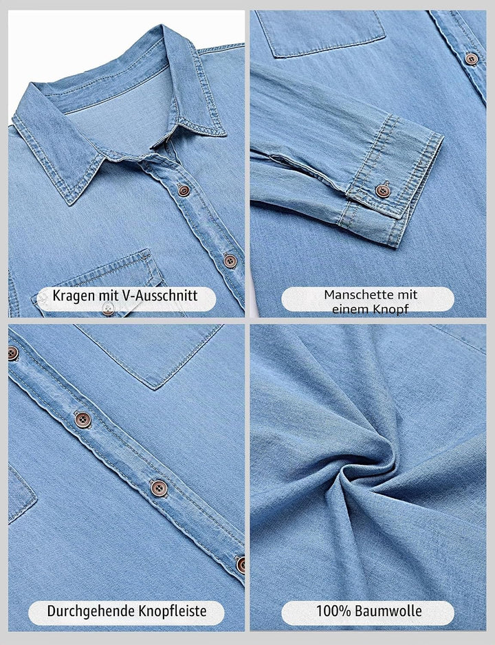 Damen Jeanshemd - Damen Western Hemden Tunika Langarm Button Down Oberteile 3XL Klassisches Blau, 3X