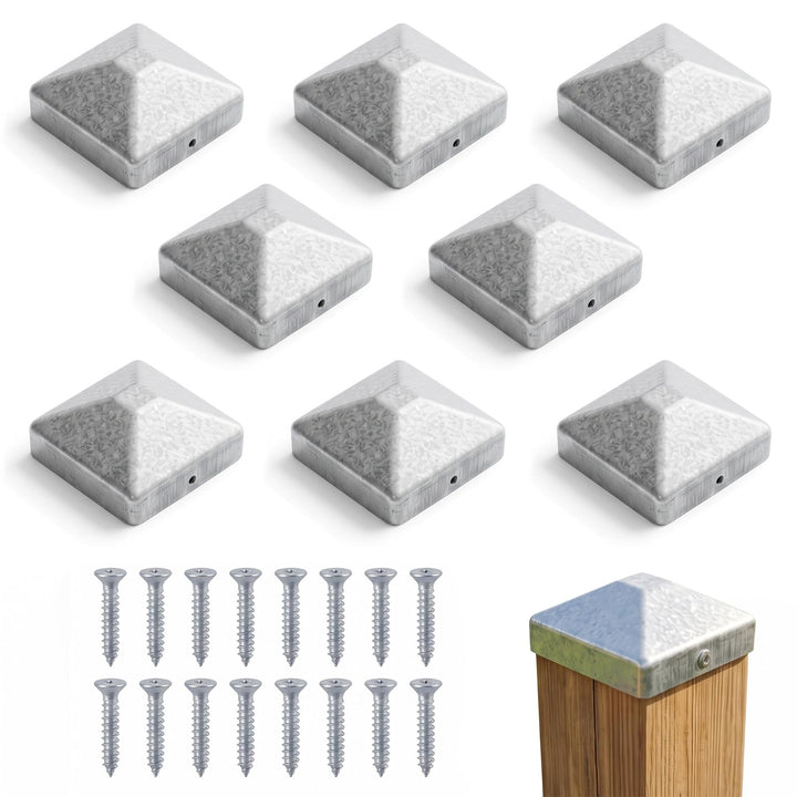 8 Stück Pfostenkappe 7x7cm, Quadratisch Zaunpfahlkappe Verzinkt | Pfostenkappen mit 16 Schrauben, Me