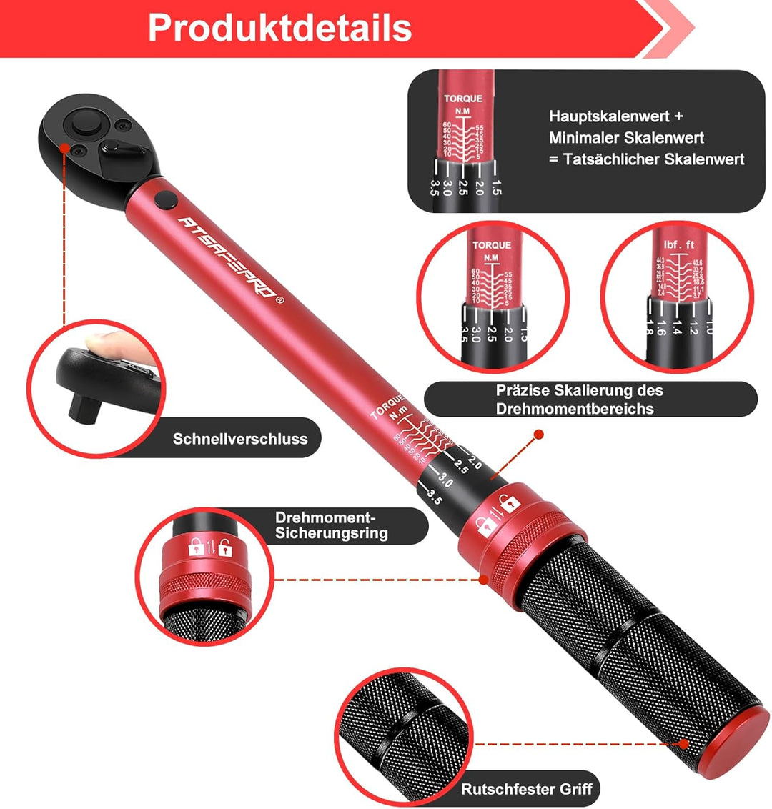 ATsafepro Drehmomentschlüssel 3/8 Zoll, 5-60Nm Drehmomentschlüssel Klein ±3% Fehlergenauigkeit mit 7