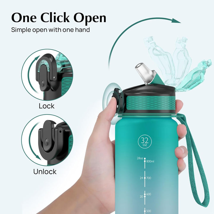 Trinkflasche, 1L Sport-Wasserflasche mit Strohhalm, Zeitmarkierungen, auslaufsicher, BPA-freiTritan,