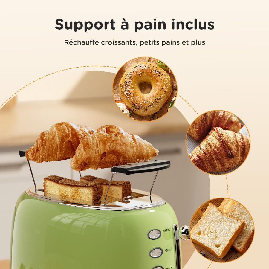 Retro Toaster 2 Scheiben Edelstahl – Brötchenaufsatz, 6 Röststufen, Vorheiz- und Auftaufunktion, Abs