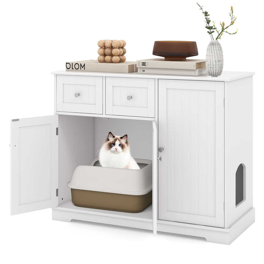 COSTWAY Katzenschrank für Katzentoilette, Katzenklo Schrank mit 2 Schubladen, 3 Türen & Eingang, Kat