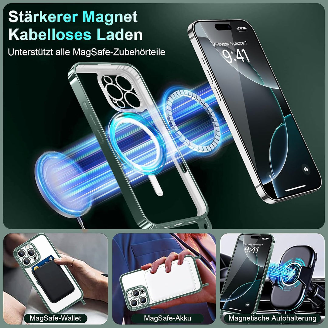 Handyband für iPhone 16 Pro Hülle mit Band + 2 Stück Glas Schutzfolie Transparent Silikon Handyhülle