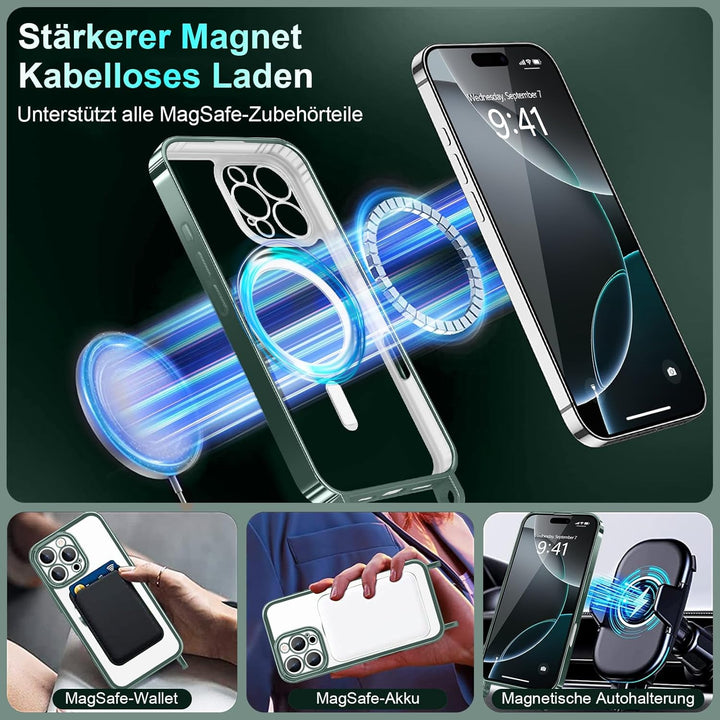 Handyband für iPhone 16 Pro Max Hülle mit Band + 2 Stück Glas Schutzfolie Transparent Silikon Handyh