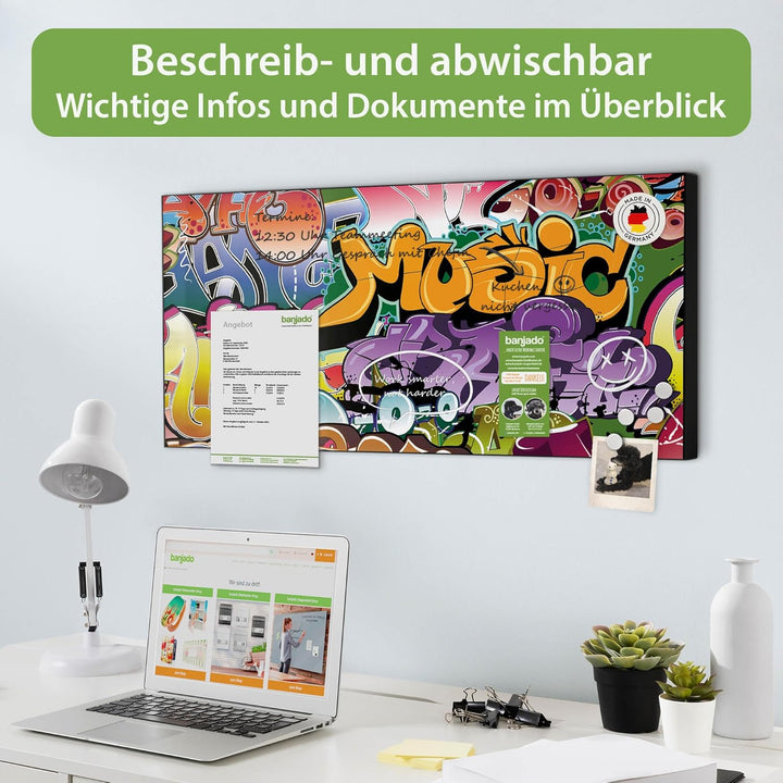 banjado Magnettafel schwarz 78 x 37cm / Magnetwand Metall/Magnetpinnwand als Memoboard/Pinnwand Magn