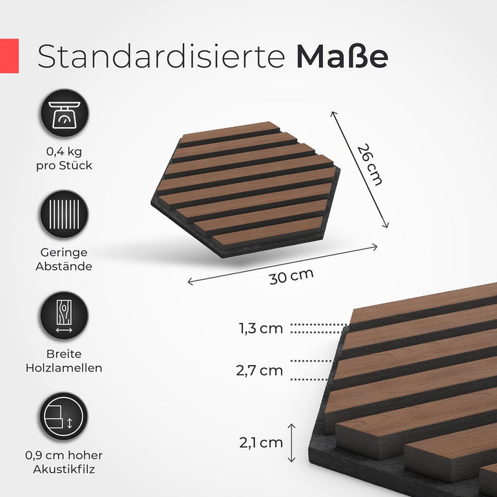 Akustikpaneele Holz selbstklebend – 3er-Set | Echtholz Walnuss & Akustikfilz Schwarz | Hexagon 30x26