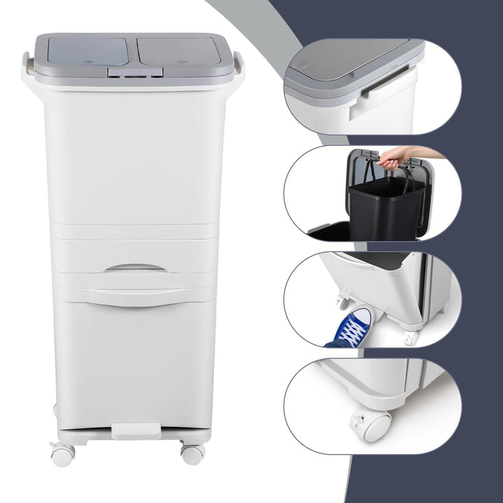 Mülleimer Küche 3 Fächer, 42L Trocken und Nasstrennung Abfalleimer Küche mit Deckel, Tretmülleimer m