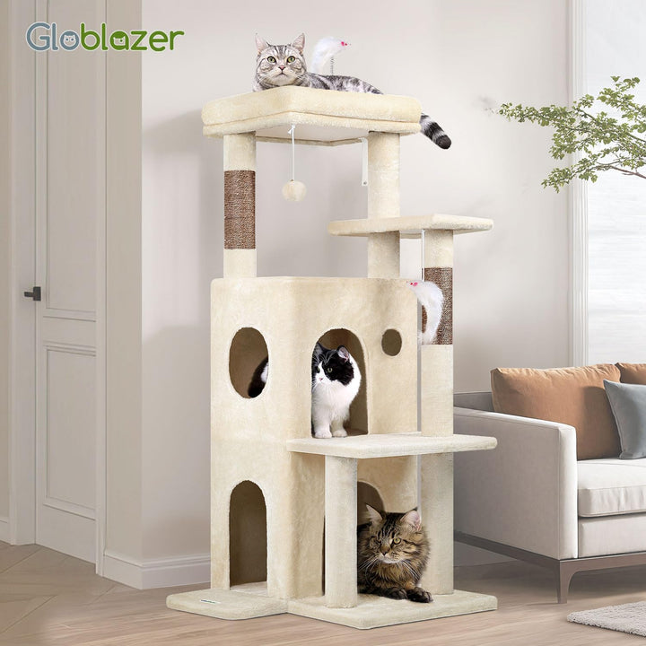 Globlazer Kratzbaum Beige Stabil mit Grosse Basis Katzenhaus Gepolsterte Plattform Plüsch Katzenspie