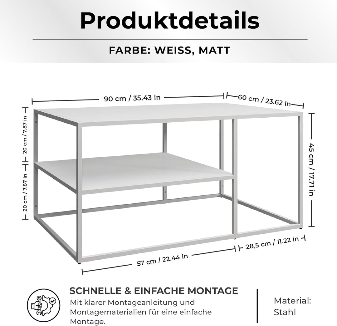[en.casa] Couchtisch Solund Beistelltisch Metall Weiss Wohnzimmertisch mit Stauraum 90 x 60 x 45 cm