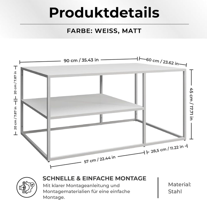 [en.casa] Couchtisch Solund Beistelltisch Metall Weiss Wohnzimmertisch mit Stauraum 90 x 60 x 45 cm