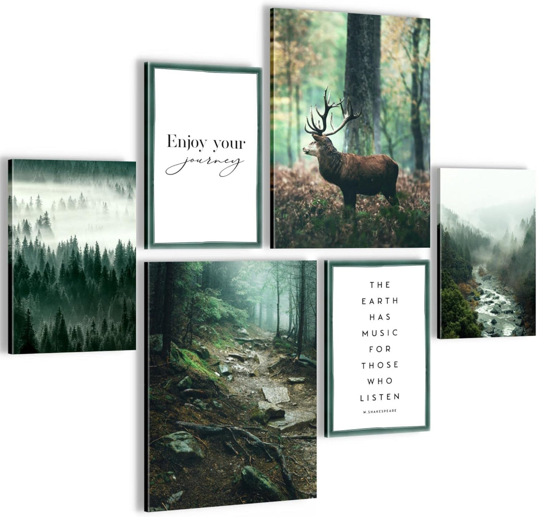 Novart Bilder Set - AUFHÄNGFERTIG - KEIN EXTRA RAHMEN BENÖTIGT - Wald Hirsch Modern Natur Grün - Woh